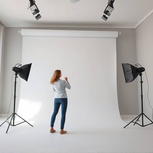 Intérieur du Studio Aurore avec un modèle posant devant un fond neutre et un éclairage doux.