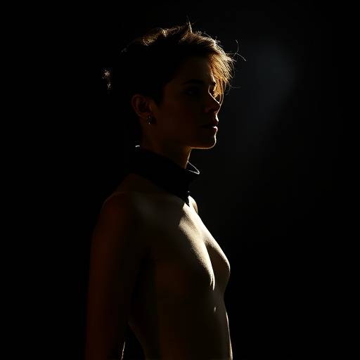 Studio Crépuscule avec fond noir, projecteurs et un modèle avec un éclairage directionnel dramatique.
